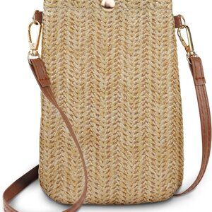 Chic Straw and Polyester Phone Purse with Magnetic Closure - Compact Design
